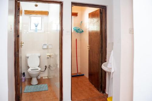 基塔莱The Nest Airbnb - Milimani, Kitale的一间带卫生间和水槽的浴室