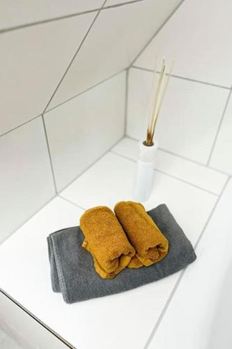 策勒Modernes Apartment mit Balkon free Parking Netflix的浴室内一个台面上的毛巾