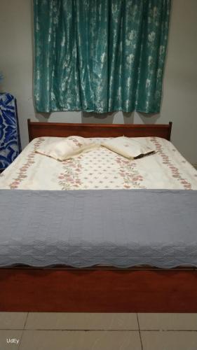 古达Inap Desa Morni的绿窗帘间的一张床位