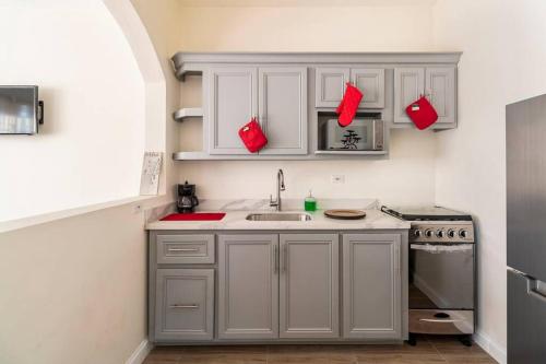 蒙特哥贝Healing in the City的厨房配有白色橱柜、水槽和炉灶。