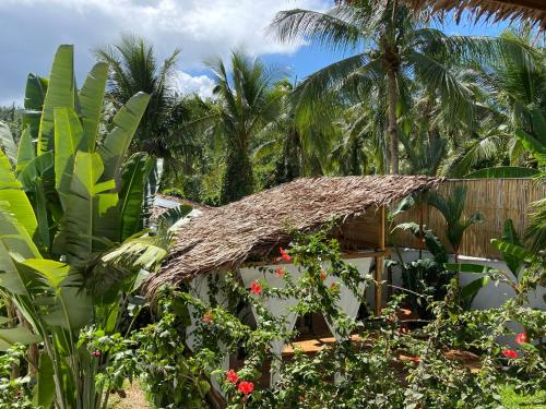 圣维森特Parrots Boutique Resort的花园中带茅草屋顶的小屋