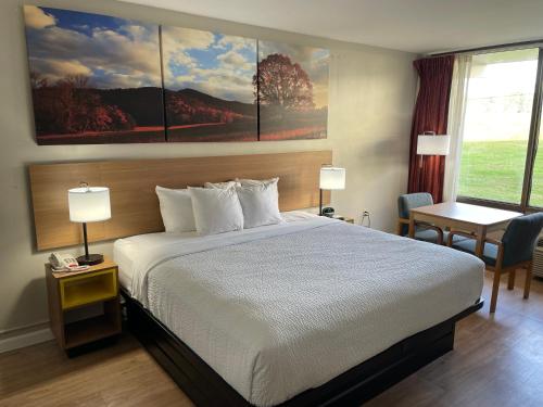 瓦尔多斯塔戴斯瓦多斯塔购物中心酒店的配有一张床、一张书桌和一扇窗户的酒店客房