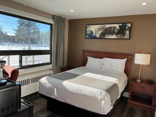 彭布罗克Champlain Motor Inn的一间卧室设有一张床和一个大窗户