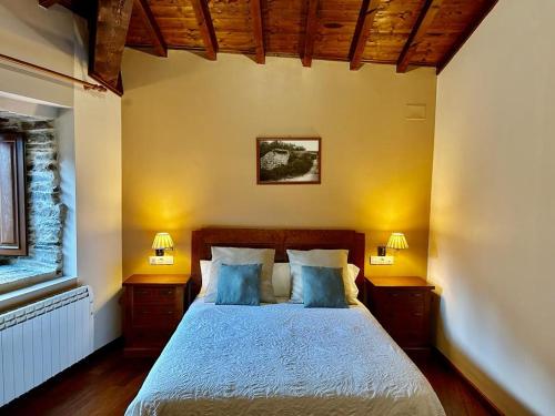 SarreausAldea Couso Rural的一间卧室配有一张带蓝色枕头的床和两盏灯。