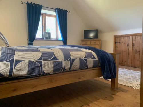 PlaishUpper Home Farm的一间卧室配有一张带蓝色窗帘的床和电视。