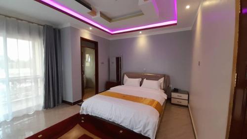坎帕拉Das Berliner Hotel的一间卧室配有一张大床和紫色照明