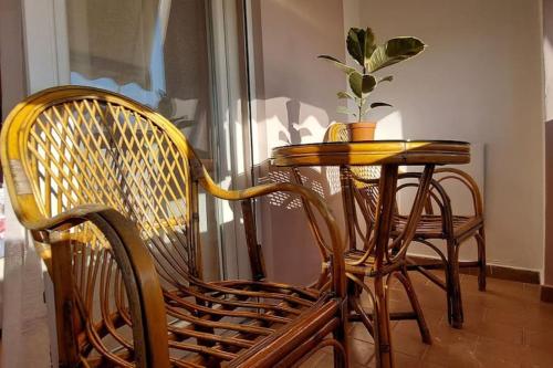 地拉那Cozy sunlit apartment with scenic balcony view的桌子、两把椅子和桌子,植物