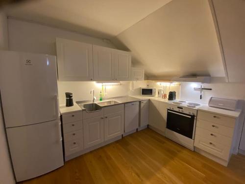 瓦尔德Rooftop view apartment的白色的厨房配有白色家电,铺有木地板