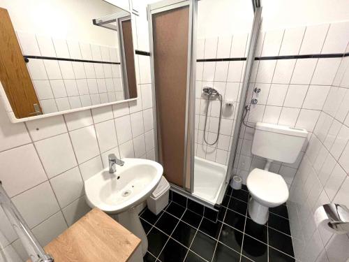 德拉马利Apartments in Dramalj 42940的一间带水槽、卫生间和淋浴的浴室