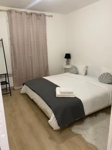 阿让特伊appartement luxueux 70m2, 2 chambres的一间卧室配有一张带黑白毯子的床