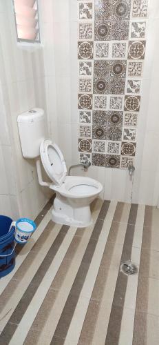 贾巴尔普尔Love & Peace Apartment的一间带卫生间和瓷砖墙的浴室