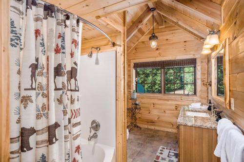 威尔克斯伯纳Lake Haven Lodge的带浴缸和淋浴帘的浴室
