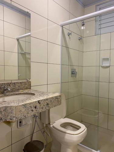 乌贝兰迪亚San Martin Hotel的一间带卫生间、水槽和镜子的浴室