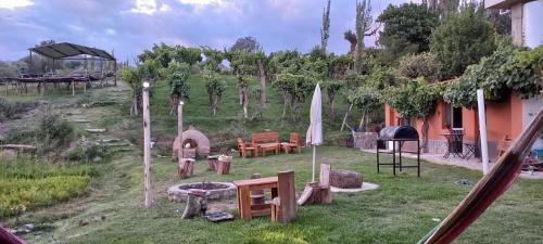 卡奇Cabaña Los Girasoles Cachi Salta的花园配有桌椅和烧烤架。