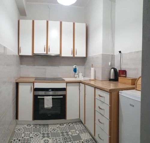 科宁APARTAMENT 2+2的厨房配有白色橱柜和黑烤箱。