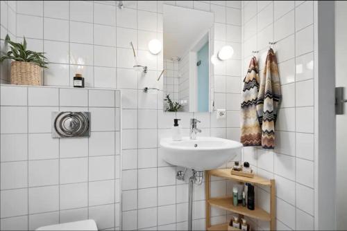 奥斯陆Spacious & stylish apartment in Oslo - Supercentral的白色的浴室设有水槽和镜子