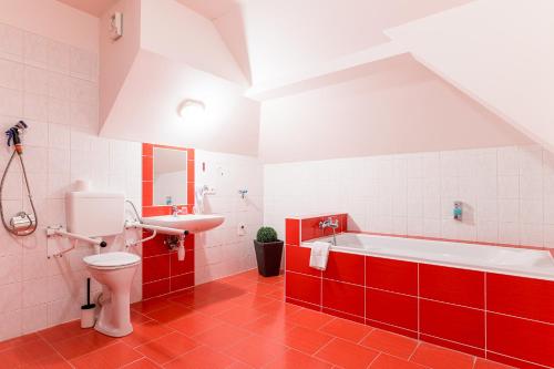 赫拉德茨 - 克拉洛韦诺维阿达波提姆酒店的带浴缸、卫生间和盥洗盆的浴室