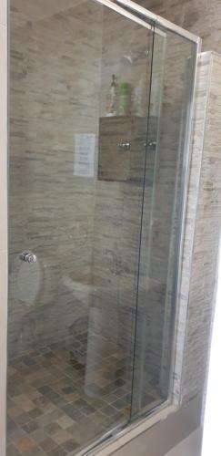 彼得马里茨堡The Sleeping Bao B&B的浴室里设有玻璃门淋浴