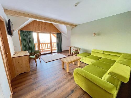 上维谢乌Pensiunea Coronita的客厅配有绿色沙发和桌子