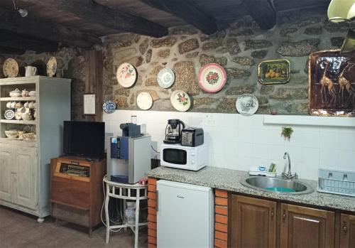 LajeosaCasas do Durão-Memories House的厨房配有带水槽和墙上板的台面