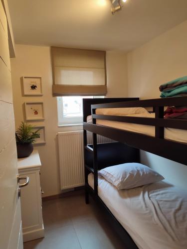 克诺克－海斯特Le Knok'Koon Un cocon à Knokke avec garage et emplacement gratuits的一间卧室配有两张双层床。