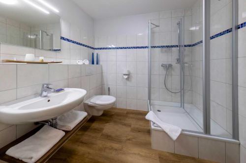 Struckum斯托克姆森林酒店的一间带水槽、淋浴和卫生间的浴室