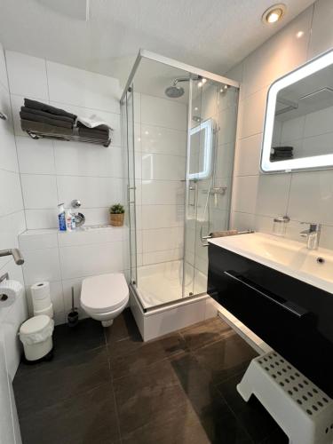 拉博埃Ostsee-Fördeblick的浴室配有卫生间、盥洗盆和淋浴。