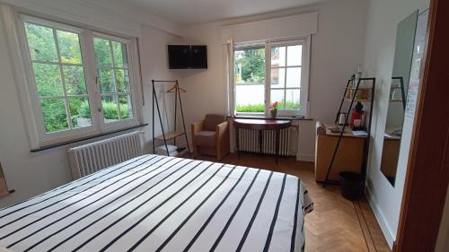 布鲁日HIDDEN GEM Centre of BRUGES free PARKING的一间卧室设有一张床和两个窗户。