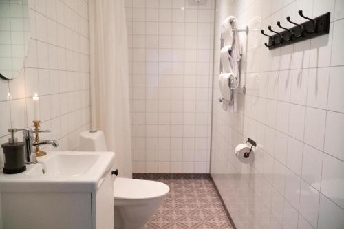 卢恩斯基尔Anfasteröd Gårdsvik - badstugor med loft的白色的浴室设有卫生间和水槽。