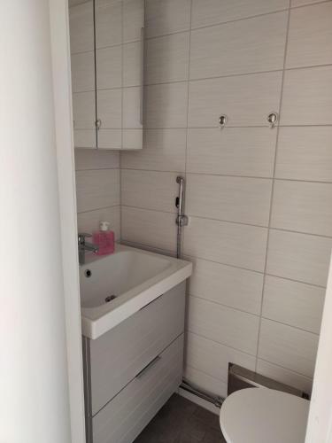 瓦尔考斯57 Kauppakatu的白色的浴室设有水槽和卫生间。