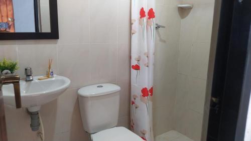UticaHotel Alcázar Real的浴室配有卫生间、盥洗盆和淋浴。