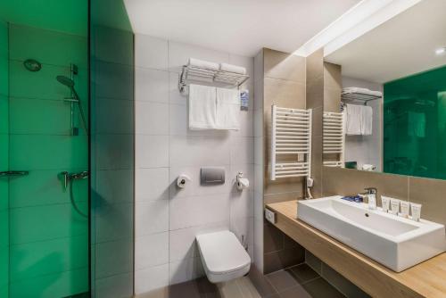 佐洛卡罗斯Park Inn By Radisson Zalakaros Hotel & Spa的一间带水槽、卫生间和镜子的浴室