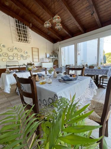莫诺波利Masseria I Raffi b&b的一间带桌椅和窗户的用餐室