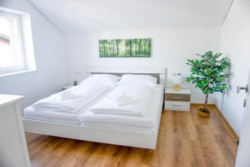 多恩比恩homy Central City Oasis in Dornbirn的白色卧室内的白色床,配有盆栽植物