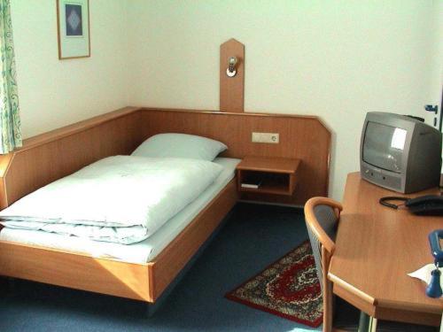 乌尔姆嘉利克劳扎克酒店的一间卧室配有一张床和一张书桌及电视