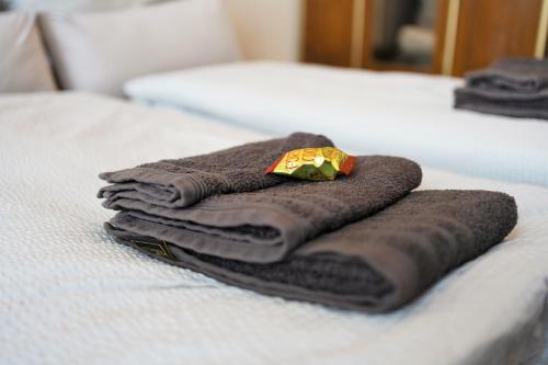 莱比锡EXKLUSIV home & business Deluxe Kregel Apartment 70qm的床上的一大堆毛巾
