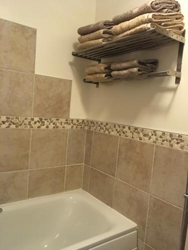 纽卡斯尔Apiary Mews的带浴缸的浴室和墙上的一些毛巾
