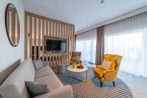 鲁恰内尼达Mazurski Raj - Hotel, Marina & Spa的客厅配有沙发、椅子和电视