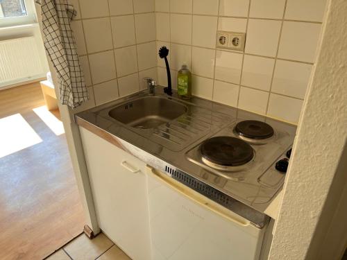 曼海姆Gemütlich Wohnen in der Neckarstadt的厨房配有水槽和炉灶