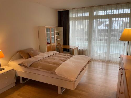 迈伦迈伦特迪亚努姆公寓的一间卧室配有一张床、一张书桌和一个窗户。