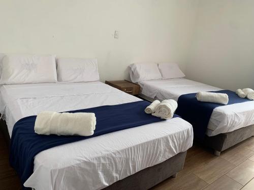 El PlatanoTorremar Zorritos II的客房内的两张床和毛巾