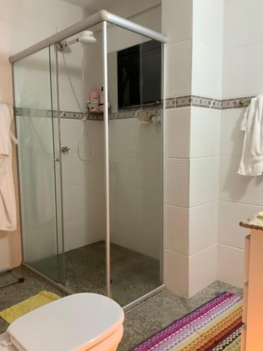 卡尚布Lindo apartamento em Caxambu的浴室内带卫生间的淋浴间