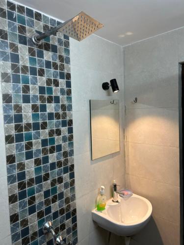 加尔各答Teakwood Suite - Nokha House的一间带水槽和镜子的浴室