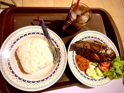 庞卡兰布翁ASOKA GUEST HOUSE的盘子里放两个饭盘,盘子里放着米饭和肉