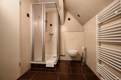 施特拉尔松德Hotel am Stadtwald的带淋浴和卫生间的浴室