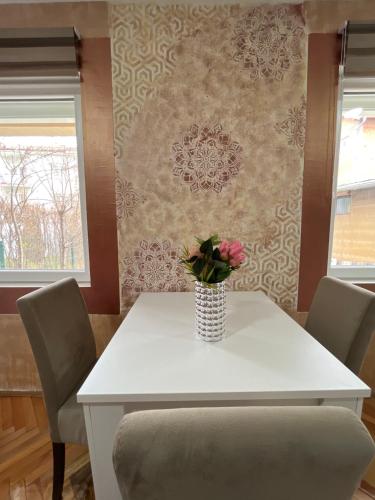 新帕扎尔ALOHA apartment的一张白色的桌子,上面有花瓶