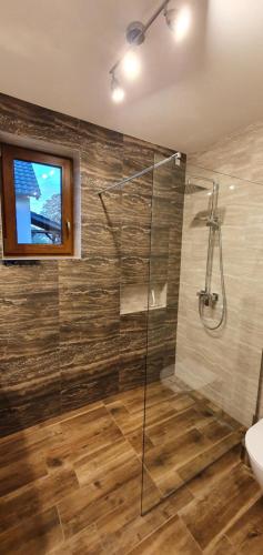 斯图托沃Apartamenty i Domki Mierzeja的浴室设有玻璃淋浴间和卫生间