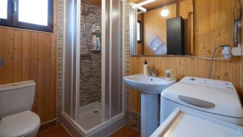 Buenache de la SierraCasa Rural La Canadiense Log Cabin的带淋浴、盥洗盆和卫生间的浴室