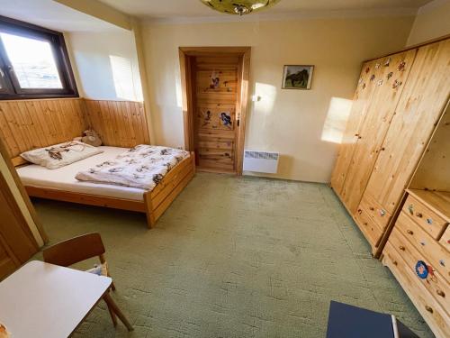 MeziměstíChalupa u Procházků的一间卧室设有一张床和木墙