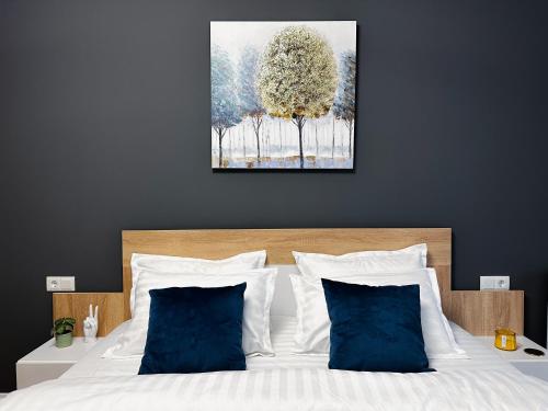 克卢日-纳波卡AD Apartments的一间卧室配有白色床和蓝色枕头